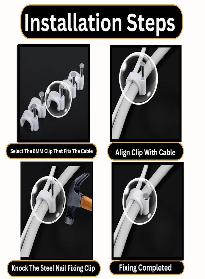 TECHSON Cable Clips 8mm)100pcs Wire Fastener Wall Pins with Metal Nails for Cable Management, Cord Organizer, Round Wire Clamps for Hanging Cables Fitting on wall (8MM) - Image 3